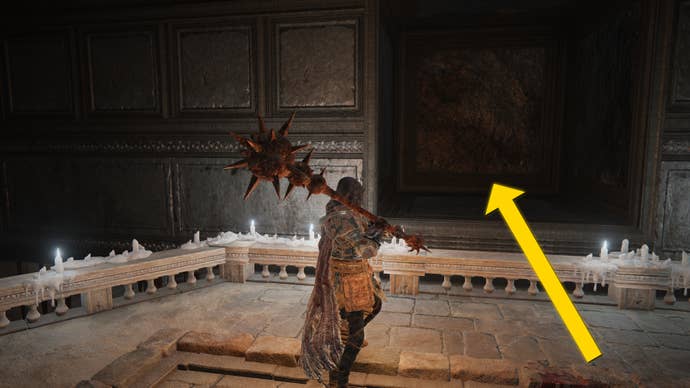 The player in Elden Ring: Shadow Of The Erdtree makes their way through the Fog Rift Catacombs, with a yellow arrow pointing towards the location of the hidden Altar.