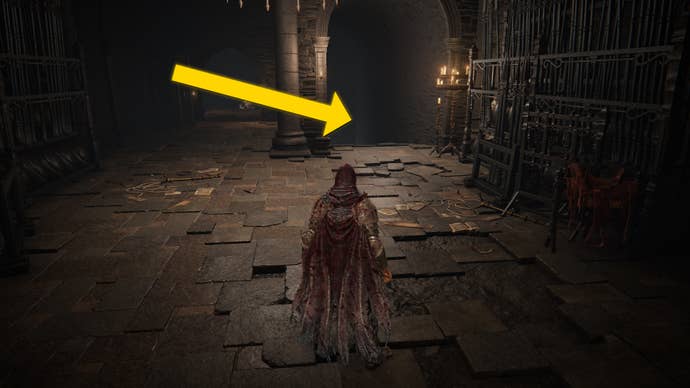 The player in Elden Ring: Shadow Of The Erdtree approaches a staircase downward below the Shadow Keep.