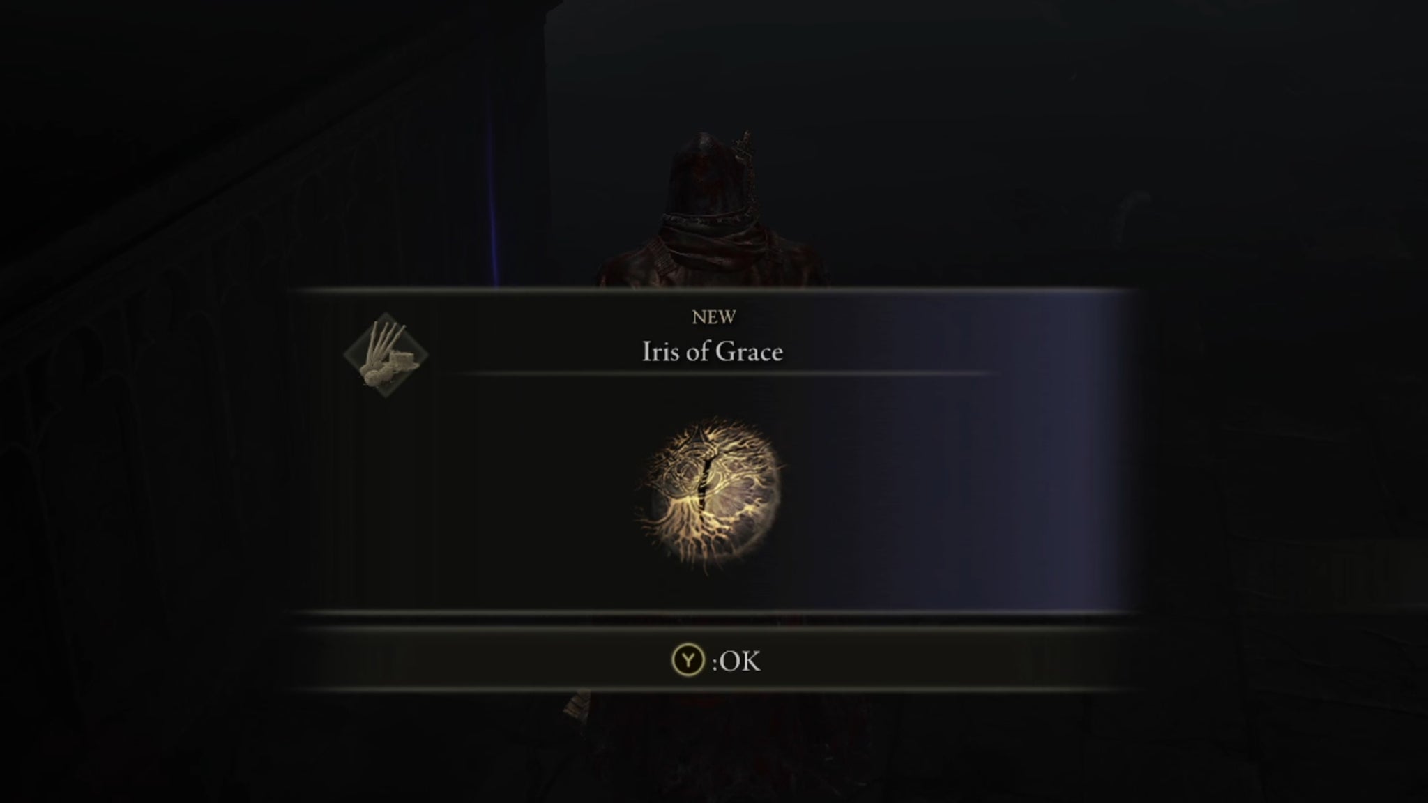 The player in Elden Ring: Shadow Of The Erdtree picks up an Iris Of Grace from an altar below the Shadow Keep. - 12