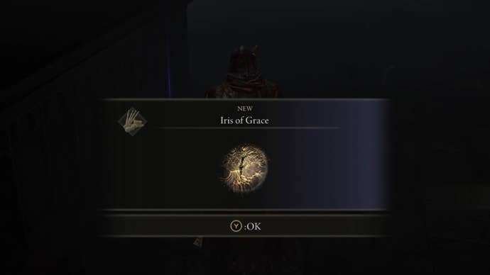 The player in Elden Ring: Shadow Of The Erdtree picks up an Iris Of Grace from an altar below the Shadow Keep.