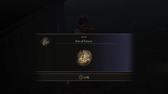 The player in Elden Ring: Shadow Of The Erdtree picks up an Iris Of Grace from an altar below the Shadow Keep.