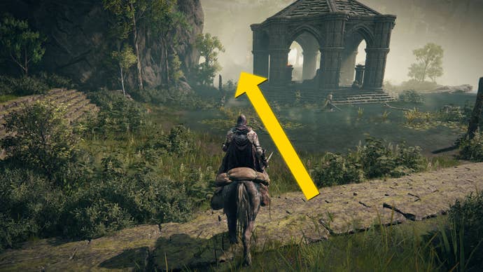 The player in Elden Ring: Shadow Of The Erdtree rides their horse through a garden defended by two Hornsent Warriors in Rauh Ancient Ruins.