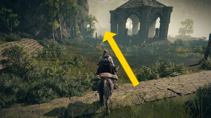 The player in Elden Ring: Shadow Of The Erdtree rides their horse through a garden defended by two Hornsent Warriors in Rauh Ancient Ruins.