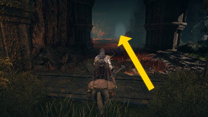 The player in Elden Ring: Shadow Of The Erdtree rides their horse through an indoor area of Rauh Ancient Ruins covered in rot.