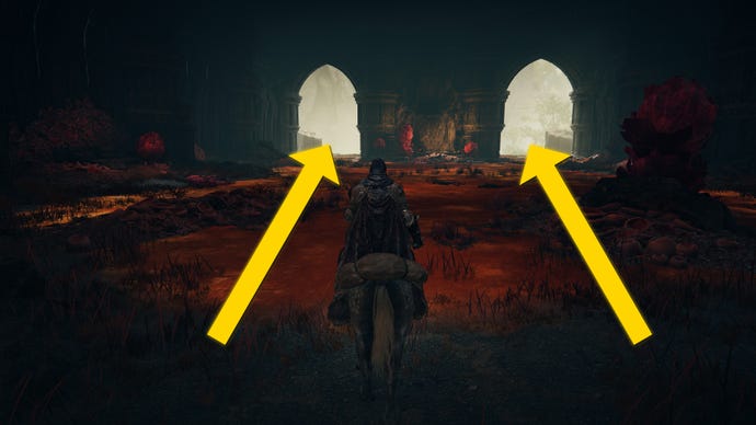 The player in Elden Ring: Shadow Of The Erdtree rides their horse through an indoor area of Rauh Ancient Ruins covered in rot.