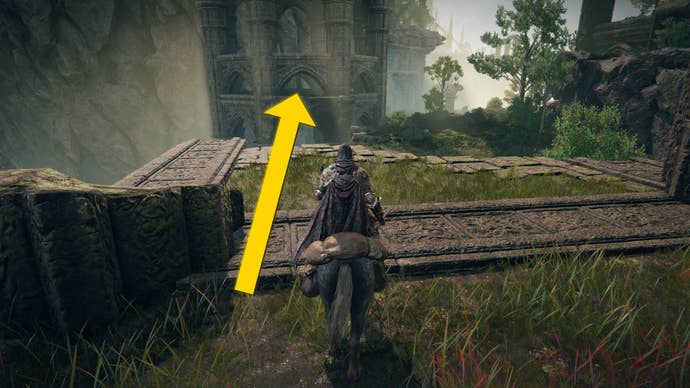 The player in Elden Ring: Shadow Of The Erdtree rides their horse towards an invisible bridge in Rauh Ancient Ruins.