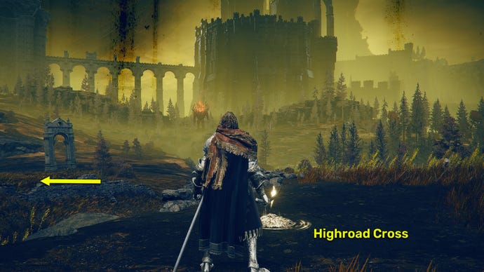 Elden Ring: Shadow Of The Erdtree screenshot showing the route from the Highroad Cross Site Of Grace to the Imbued Sword portal.