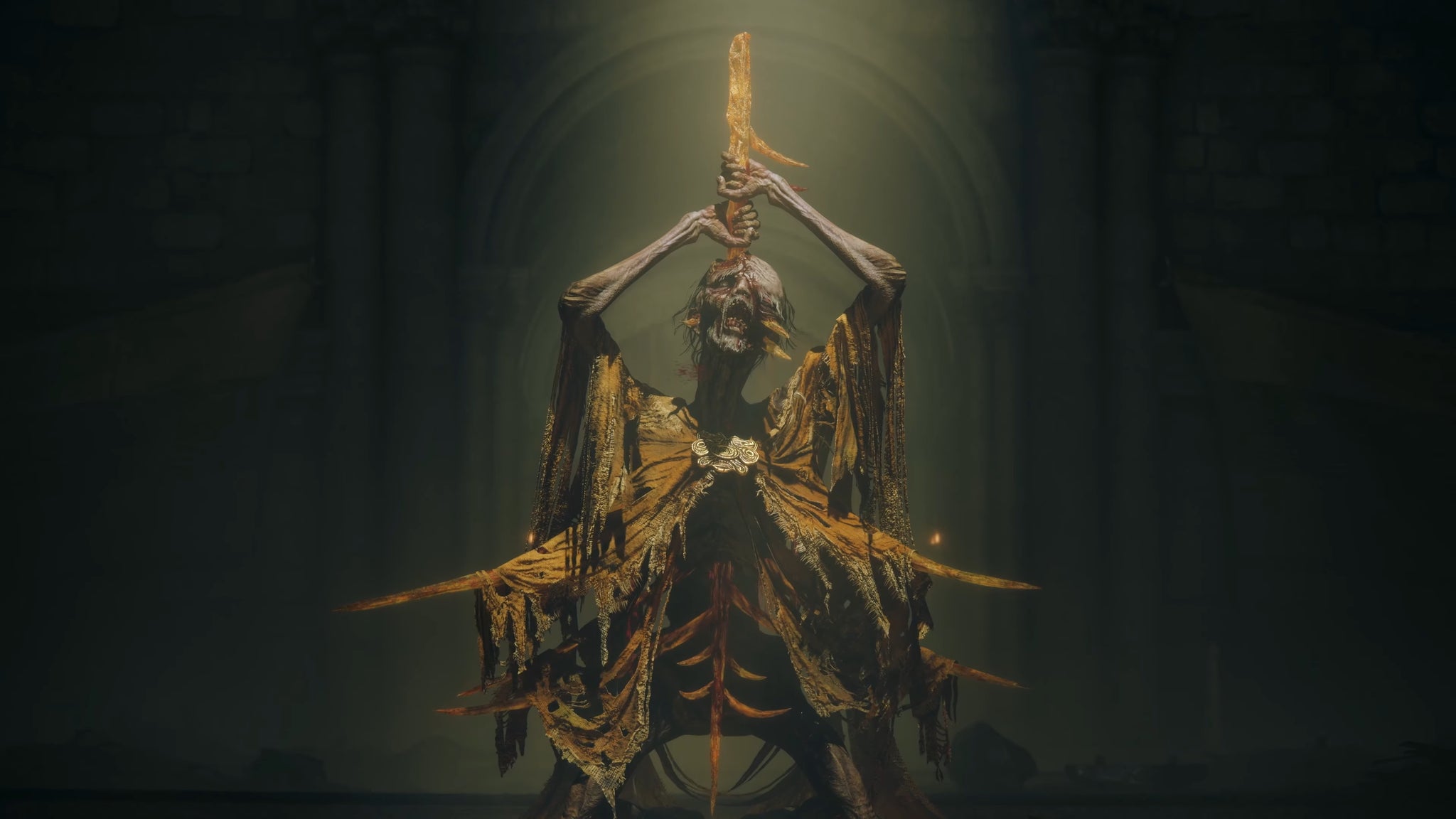 A humanoid creature in the Shadow Of The Erdtree trailer pulls a golden spine from its head. - 21