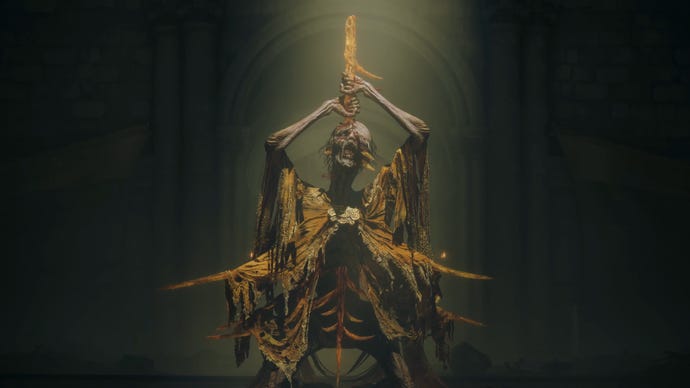 A humanoid creature in the Shadow Of The Erdtree trailer pulls a golden spine from its head.