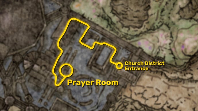 A map of the Shadow Keep Church District in Elden Ring: Shadow Of The Erdtree, with the path from the Church District Entrance to the Prayer Room marked in yellow.