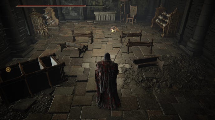 The player in Elden Ring: Shadow Of The Erdtree enters the Prayer Room in the Shadow Keep Church District and sees Fire Knight Queelign lying on the floor.
