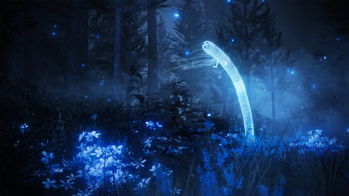 Illustration promotionnelle pour le DLC Elden Ring Shadow Of The Erdtree mettant en vedette des créatures luminescentes dans The Land of Shadow.