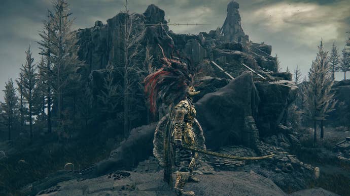 A warrior stands on a raised wall looking over Prospect Town in Elden Ring Shadow of the Erdtree.