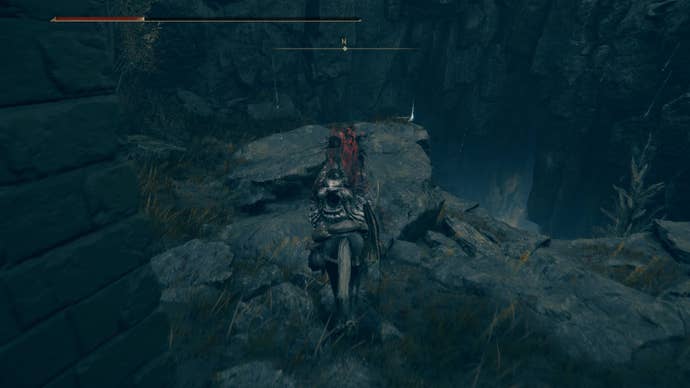 A warrior rides toward a corpse on the edge of a cliff near the Church of Benediction in Elden Ring Shadow of the Erdtree to claim the Oathseeker Armor set.