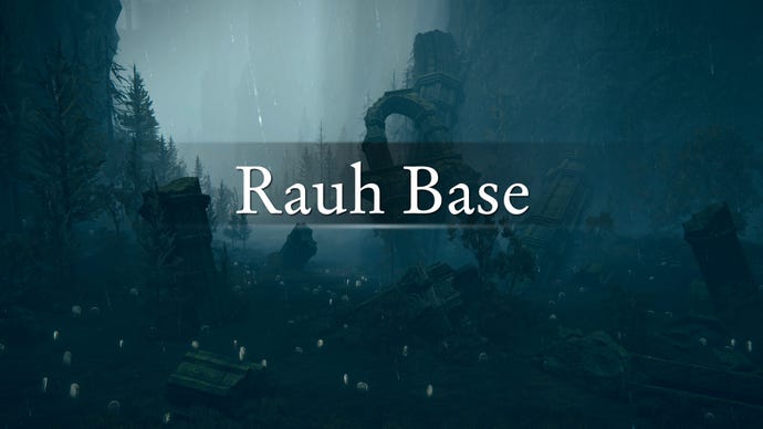 An establishing shot of the region of the Rauh Base in Elden Ring: Shadow Of The Erdtree, with the region's name emblazoned across the screenshot.