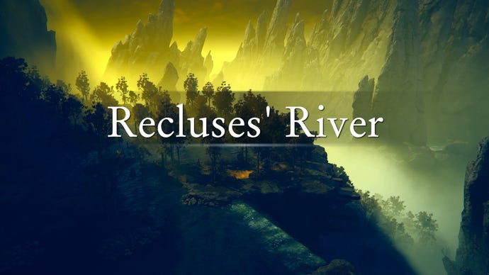 An establishing shot of the region of Recluses' River in Elden Ring: Shadow Of The Erdtree, with the region's name emblazoned across the screenshot.
