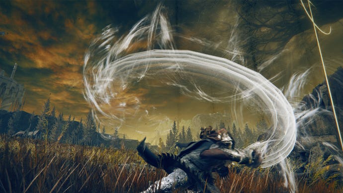 Elden Ring: Shadow Of The Erdtree screenshot of the Tarnished using the Red Bear's Claws Weapon Skill near the Moorth Ruins.