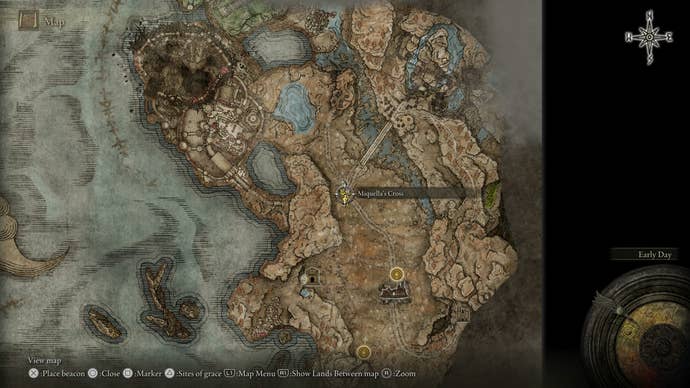 A map screen showing Redmane Freyja's first location in Elden Ring Shadow of the Erdtree.