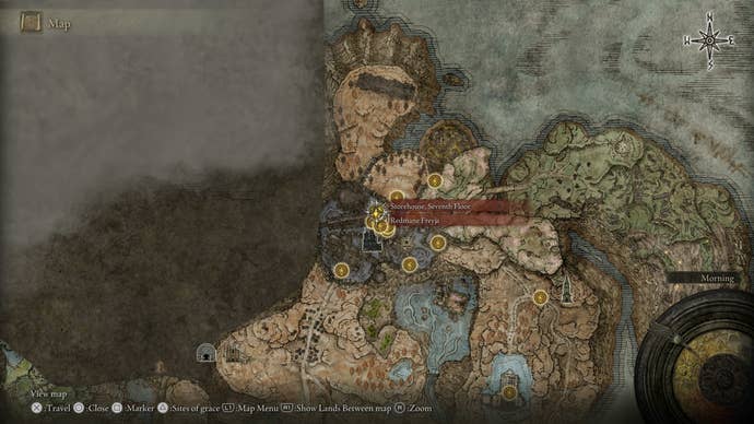 A map screen showing Redmane Freyja's second location in Elden Ring Shadow of the Erdtree.