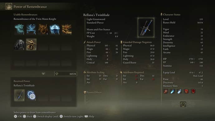 An inventory screen showing the Remembrance rewards available after defeating Rellana, Twin Moon Knight in Elden Ring Shadow of the Erdtree.