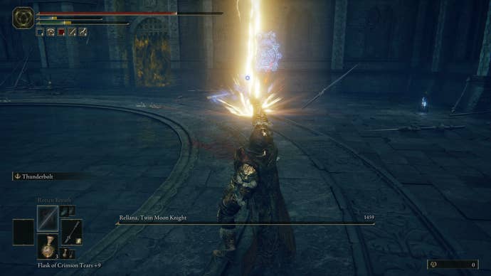 The Tarnished striking Rellana with a lightning bolt while she’s staggered in Elden Ring Shadow of the Erdtree.