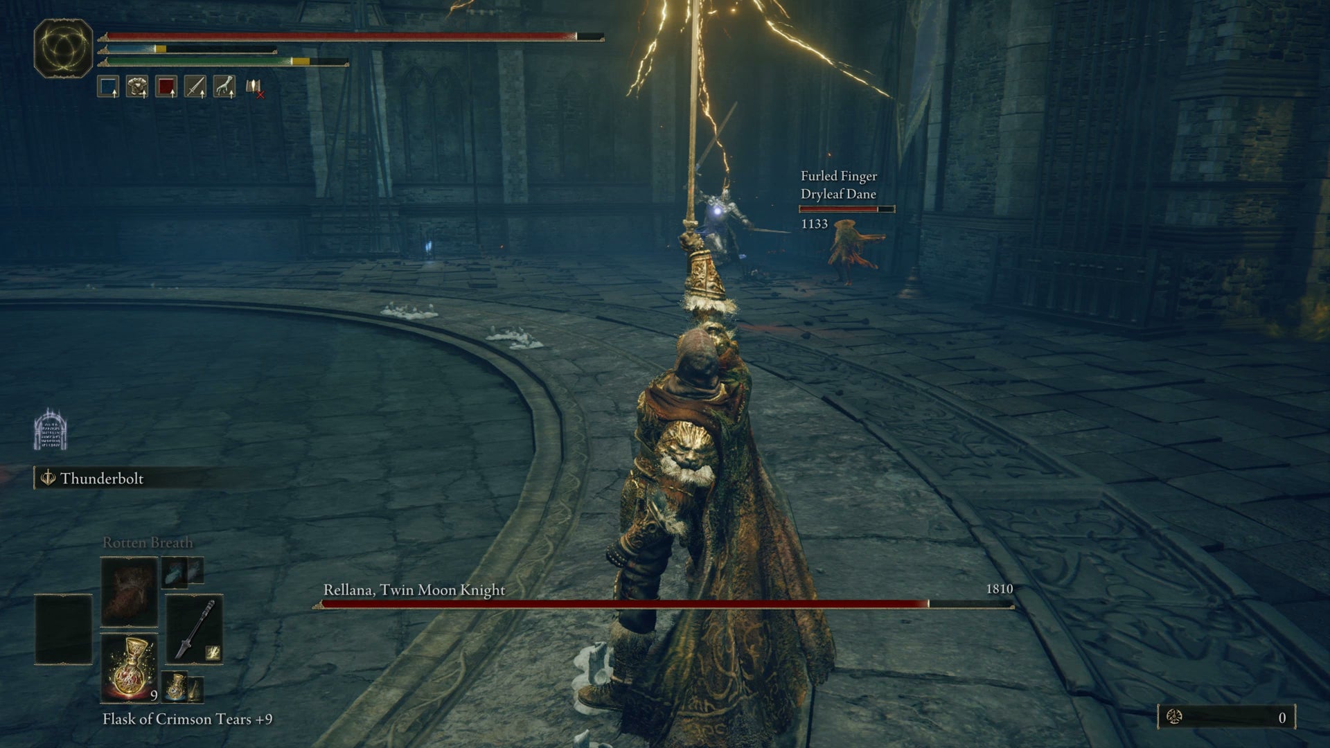 The Tarnished summoning a lightning bolt to strike Rellana, Twin Moon Knight in Elden Ring Shadow of the Erdtree. - 5