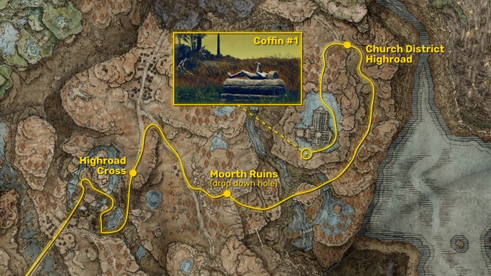 Part of the Elden Ring: Shadow Of The Erdtree map, with the path required to reach the first Memory Duplication Coffin highlighted in yellow.