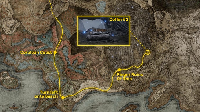 Part of the Elden Ring: Shadow Of The Erdtree map, with the path required to reach the second Memory Duplication Coffin highlighted in yellow.