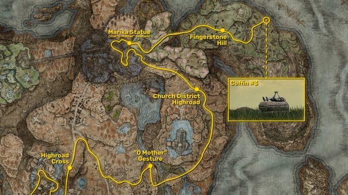 Part of the map of Elden Ring: Shadow Of The Erdtree, with the path required to reach the third Remembrance Duplication Coffin highlighted in yellow.