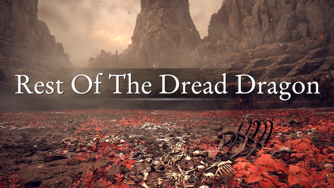 An establishing shot of the region of the Rest Of The Dread Dragon in Elden Ring: Shadow Of The Erdtree, with the region's name emblazoned across the screenshot.