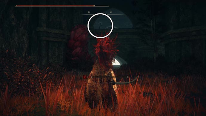 A warrior spies a shade carrying a pot containing a Revered Spirit Ash in the western section of the Ancient Ruins of Rauh in Elden Ring Shadow of the Erdtree.