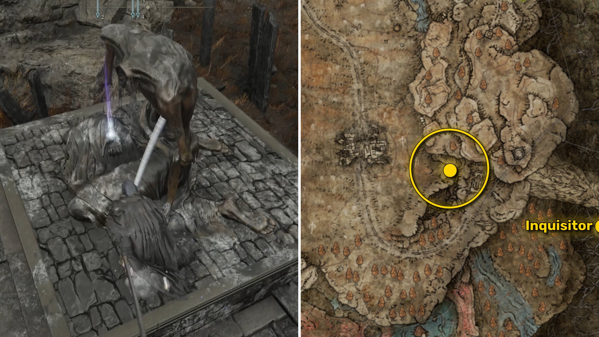 Two Elden Ring: Shadow Of The Erdtree screenshots side by side. Left: the location of a Revered Spirit Ash collectible. Right: the location of that same Revered Spirit Ash on the map. - 4