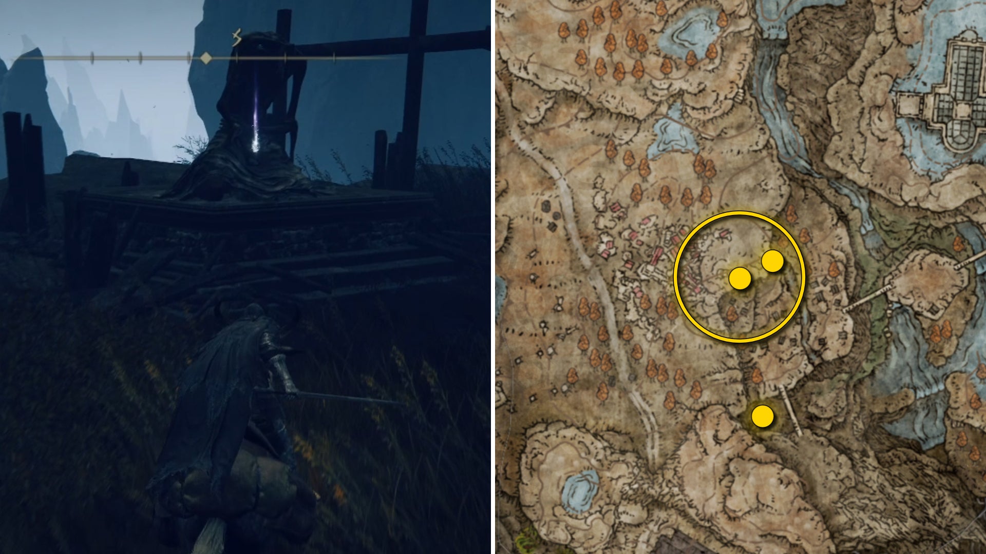 Two Elden Ring: Shadow Of The Erdtree screenshots side by side. Left: the location of a Revered Spirit Ash collectible. Right: the location of that same Revered Spirit Ash on the map. - 12
