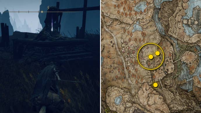 Two Elden Ring: Shadow Of The Erdtree screenshots side by side. Left: the location of a Revered Spirit Ash collectible. Right: the location of that same Revered Spirit Ash on the map.