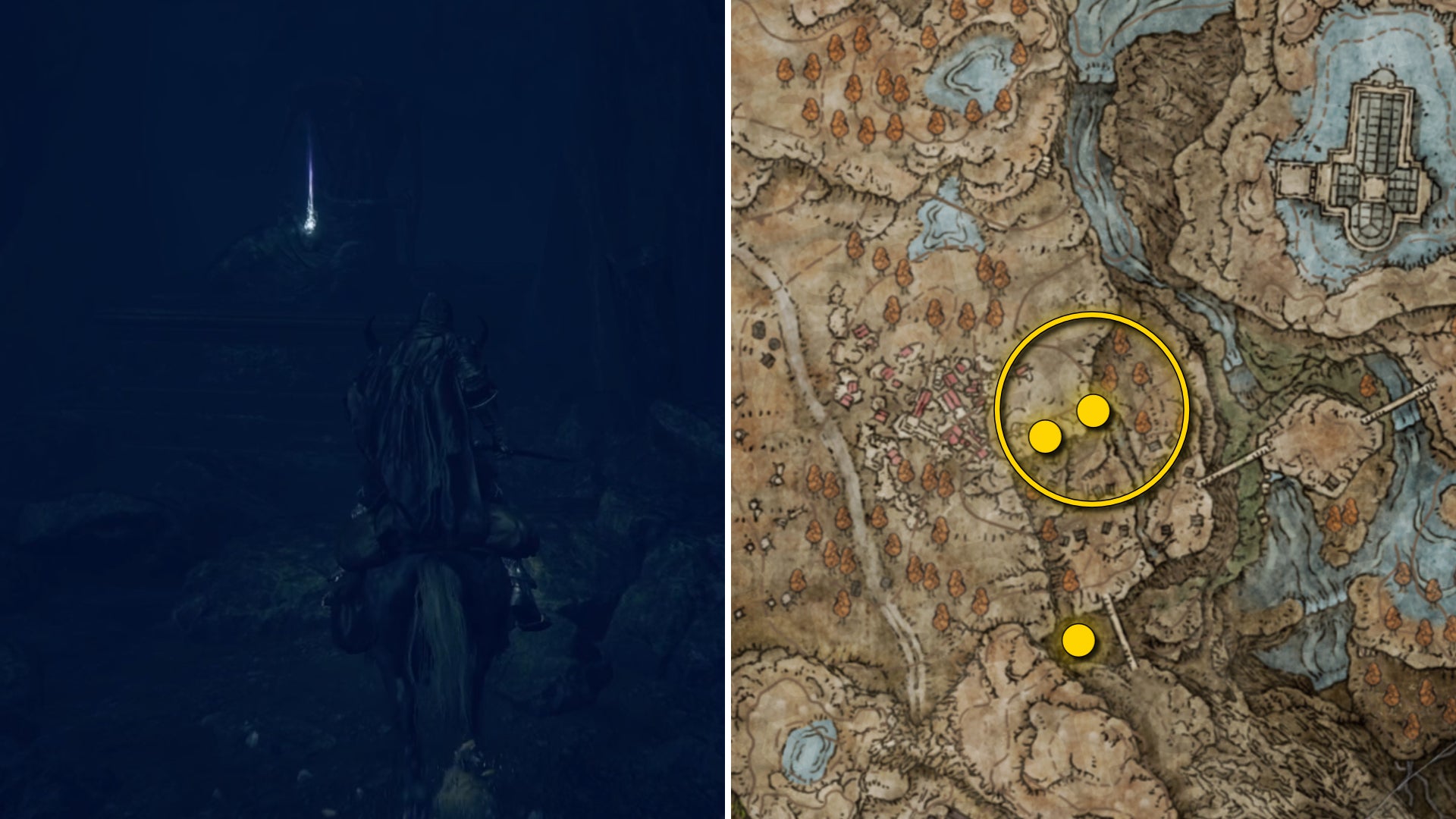 Two Elden Ring: Shadow Of The Erdtree screenshots side by side. Left: the location of a Revered Spirit Ash collectible. Right: the location of that same Revered Spirit Ash on the map. - 13