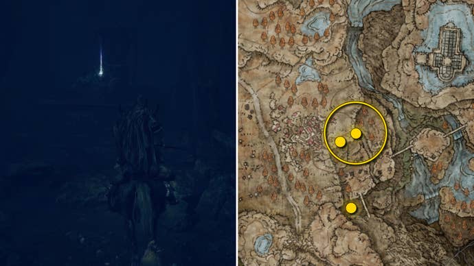 Two Elden Ring: Shadow Of The Erdtree screenshots side by side. Left: the location of a Revered Spirit Ash collectible. Right: the location of that same Revered Spirit Ash on the map.