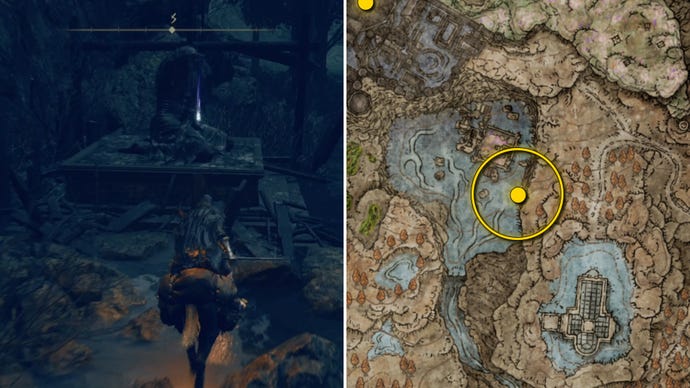 Two Elden Ring: Shadow Of The Erdtree screenshots side by side. Left: the location of a Revered Spirit Ash collectible. Right: the location of that same Revered Spirit Ash on the map.