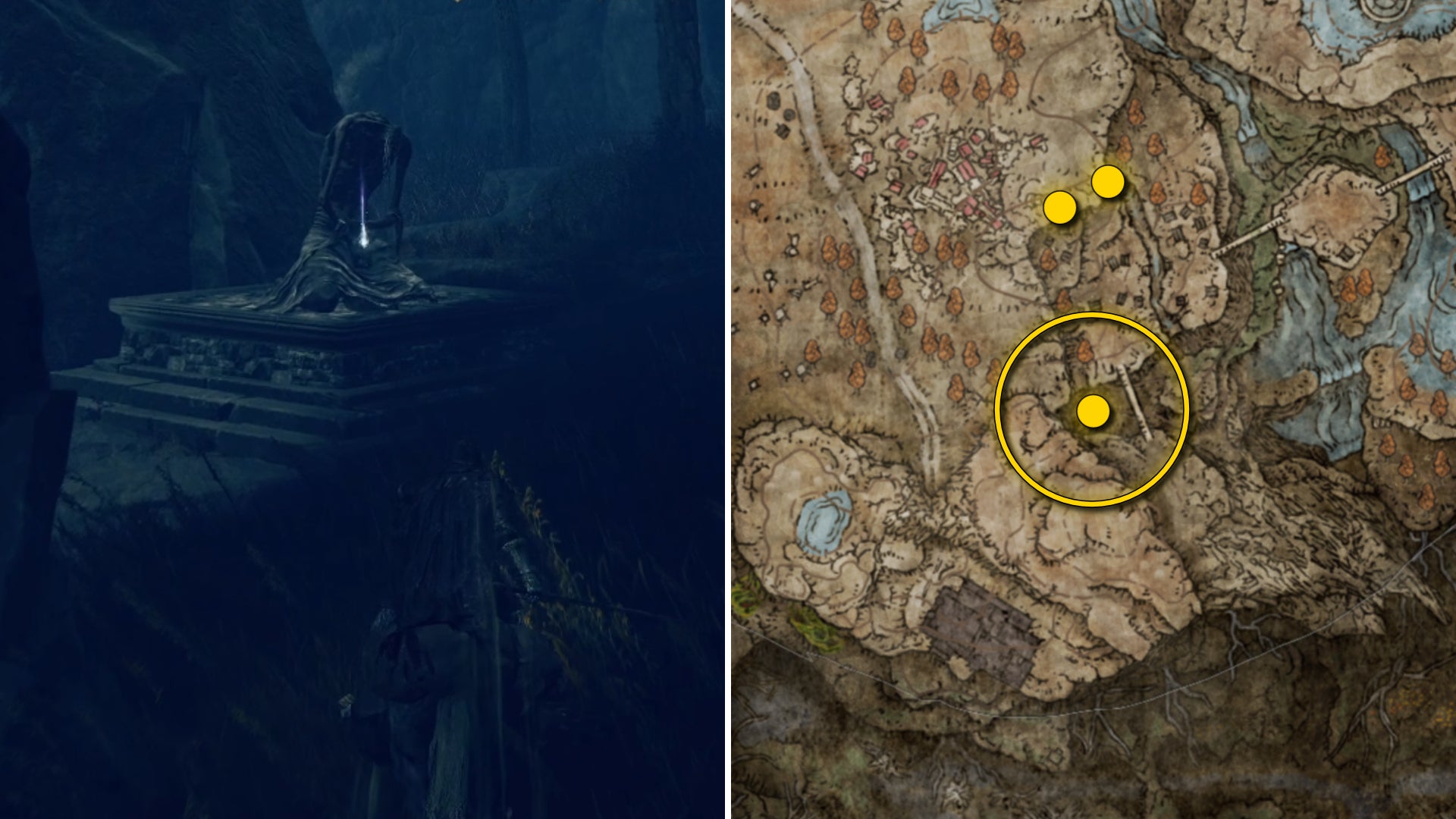Two Elden Ring: Shadow Of The Erdtree screenshots side by side. Left: the location of a Revered Spirit Ash collectible. Right: the location of that same Revered Spirit Ash on the map. - 15