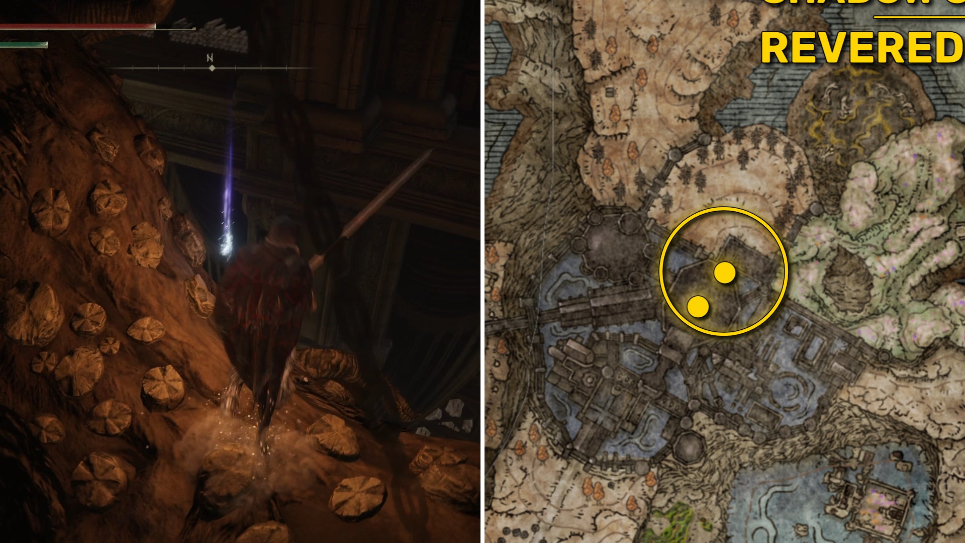 Two Elden Ring: Shadow Of The Erdtree screenshots side by side. Left: the location of a Revered Spirit Ash collectible. Right: the location of that same Revered Spirit Ash on the map. - 17