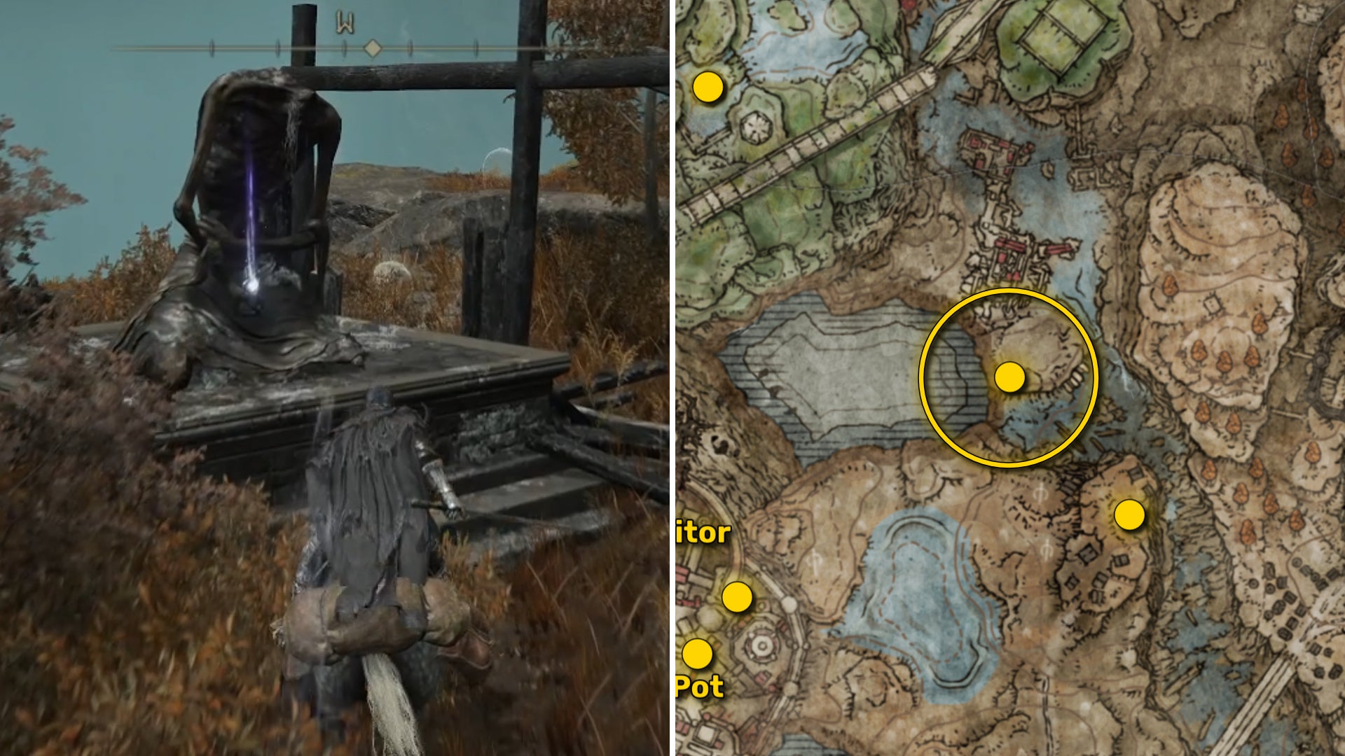 Two Elden Ring: Shadow Of The Erdtree screenshots side by side. Left: the location of a Revered Spirit Ash collectible. Right: the location of that same Revered Spirit Ash on the map. - 18