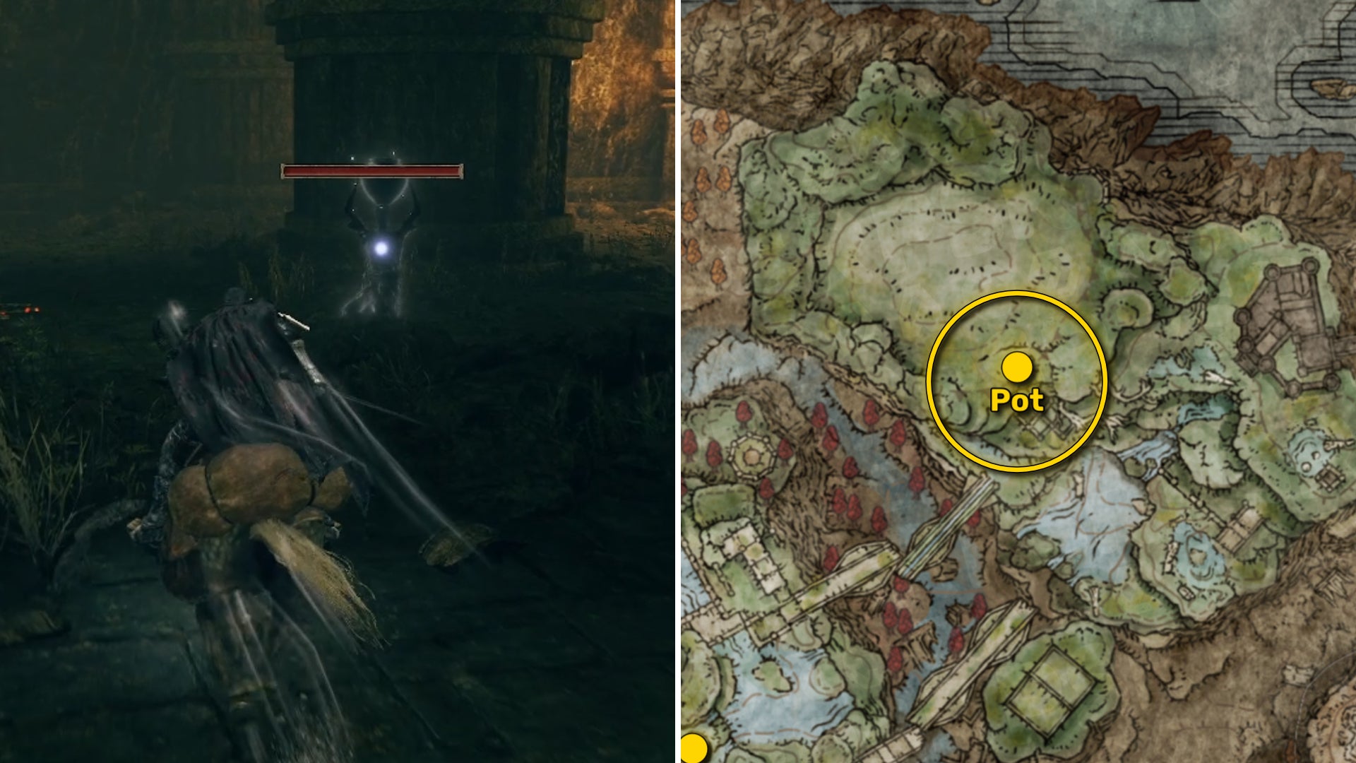 Two Elden Ring: Shadow Of The Erdtree screenshots side by side. Left: the location of a Revered Spirit Ash collectible. Right: the location of that same Revered Spirit Ash on the map. - 19