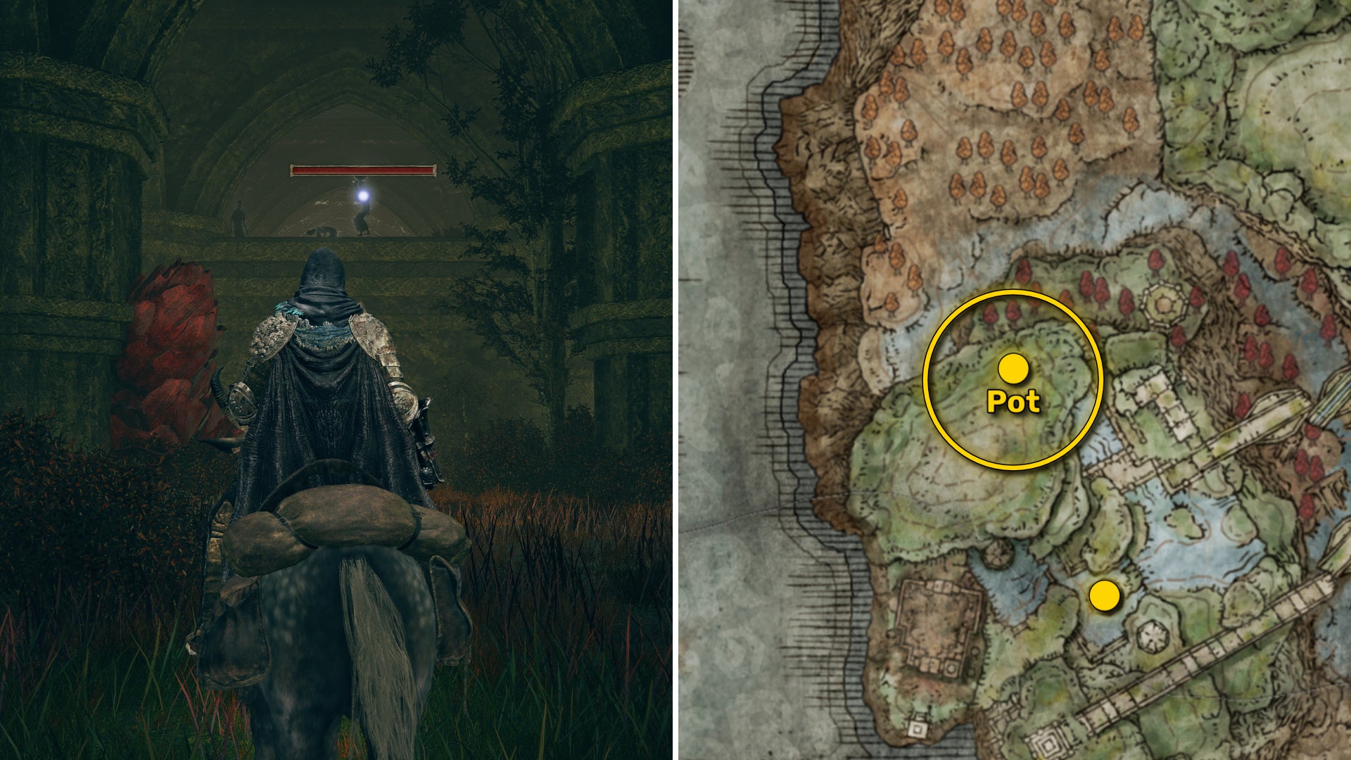Two Elden Ring: Shadow Of The Erdtree screenshots side by side. Left: the location of a Revered Spirit Ash collectible. Right: the location of that same Revered Spirit Ash on the map. - 21