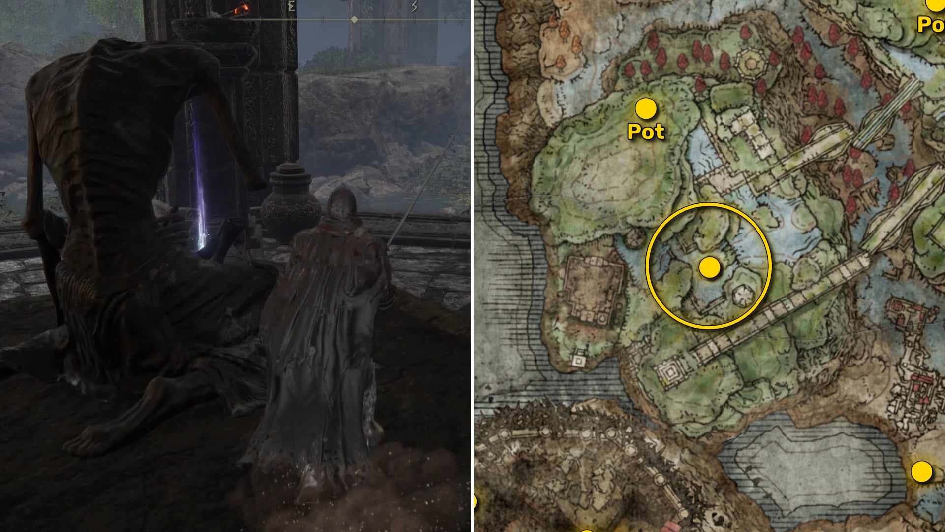 Two Elden Ring: Shadow Of The Erdtree screenshots side by side. Left: the location of a Revered Spirit Ash collectible. Right: the location of that same Revered Spirit Ash on the map. - 20