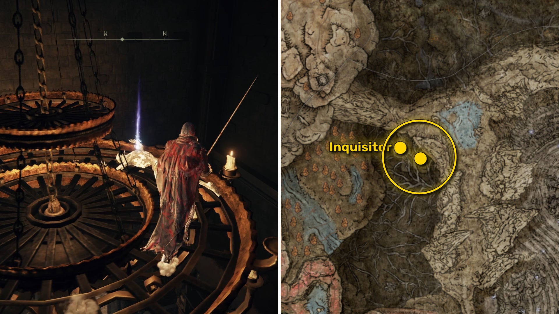 Two Elden Ring: Shadow Of The Erdtree screenshots side by side. Left: the location of a Revered Spirit Ash collectible. Right: the location of that same Revered Spirit Ash on the map. - 23