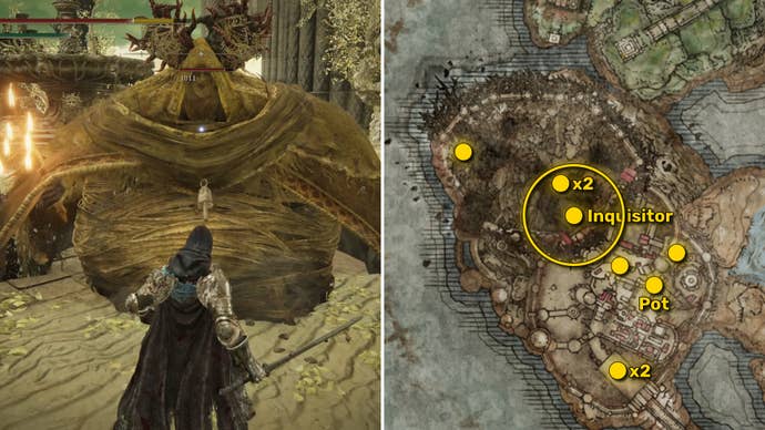 Two Elden Ring: Shadow Of The Erdtree screenshots side by side. Left: the location of a Revered Spirit Ash collectible. Right: the location of that same Revered Spirit Ash on the map.