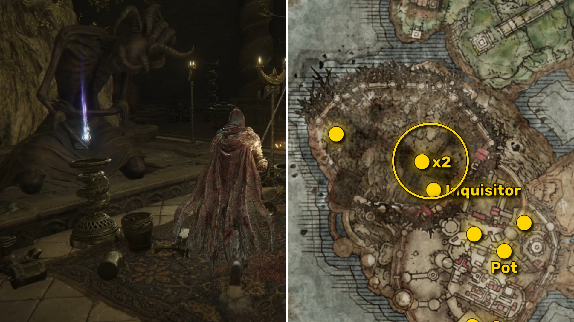 Two Elden Ring: Shadow Of The Erdtree screenshots side by side. Left: the location of a Revered Spirit Ash collectible. Right: the location of that same Revered Spirit Ash on the map. - 25