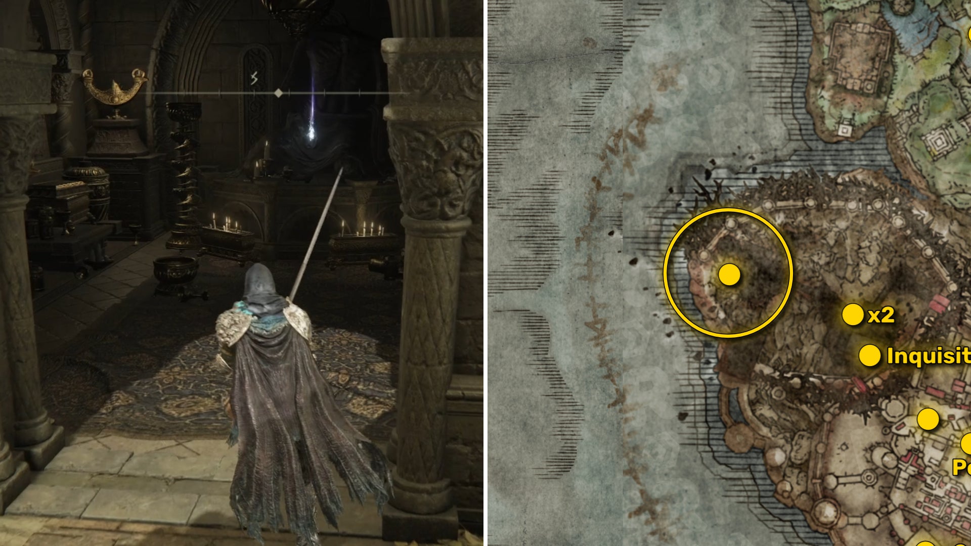 Two Elden Ring: Shadow Of The Erdtree screenshots side by side. Left: the location of a Revered Spirit Ash collectible. Right: the location of that same Revered Spirit Ash on the map. - 26