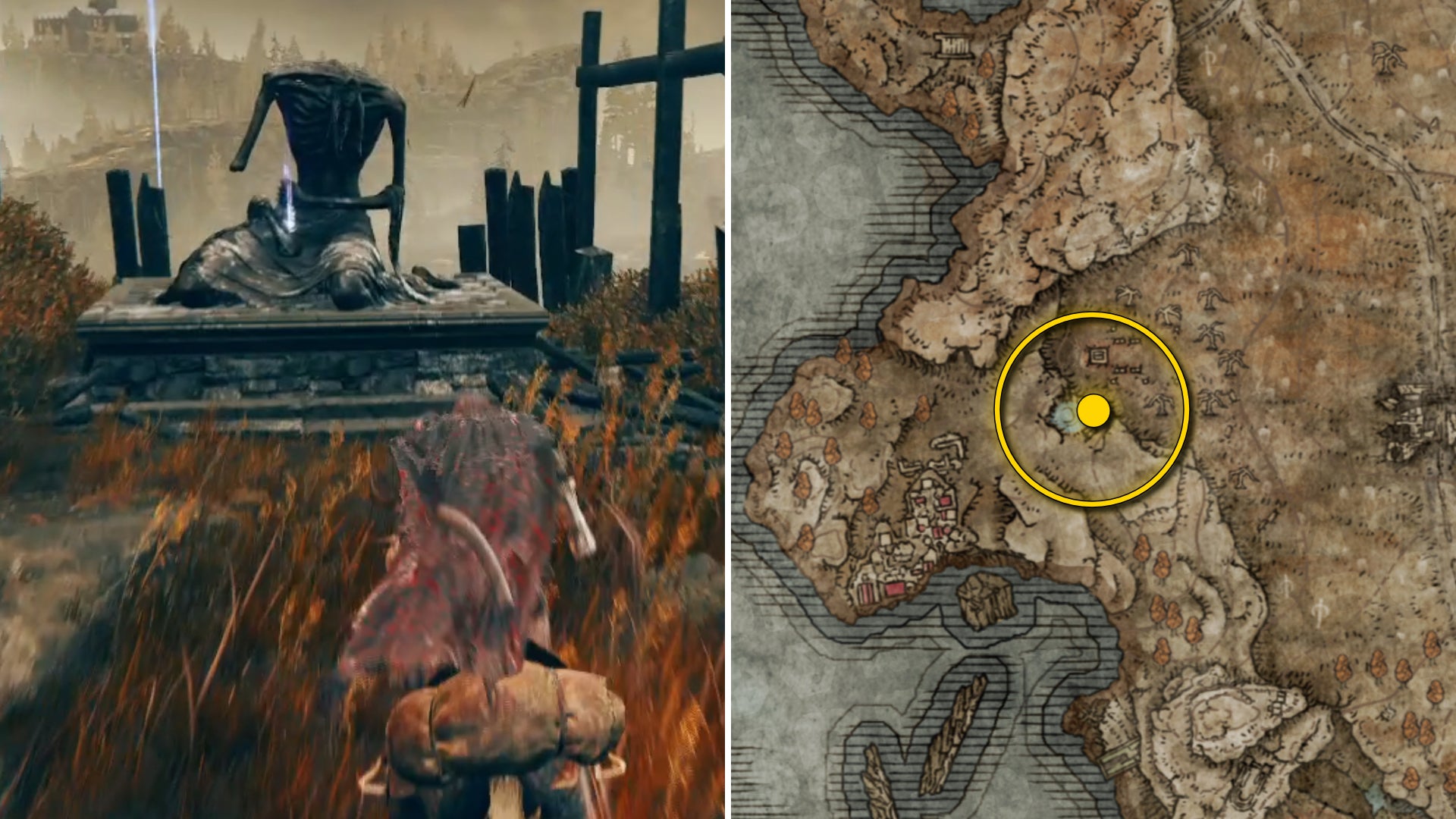 Two Elden Ring: Shadow Of The Erdtree screenshots side by side. Left: the location of a Revered Spirit Ash collectible. Right: the location of that same Revered Spirit Ash on the map. - 6