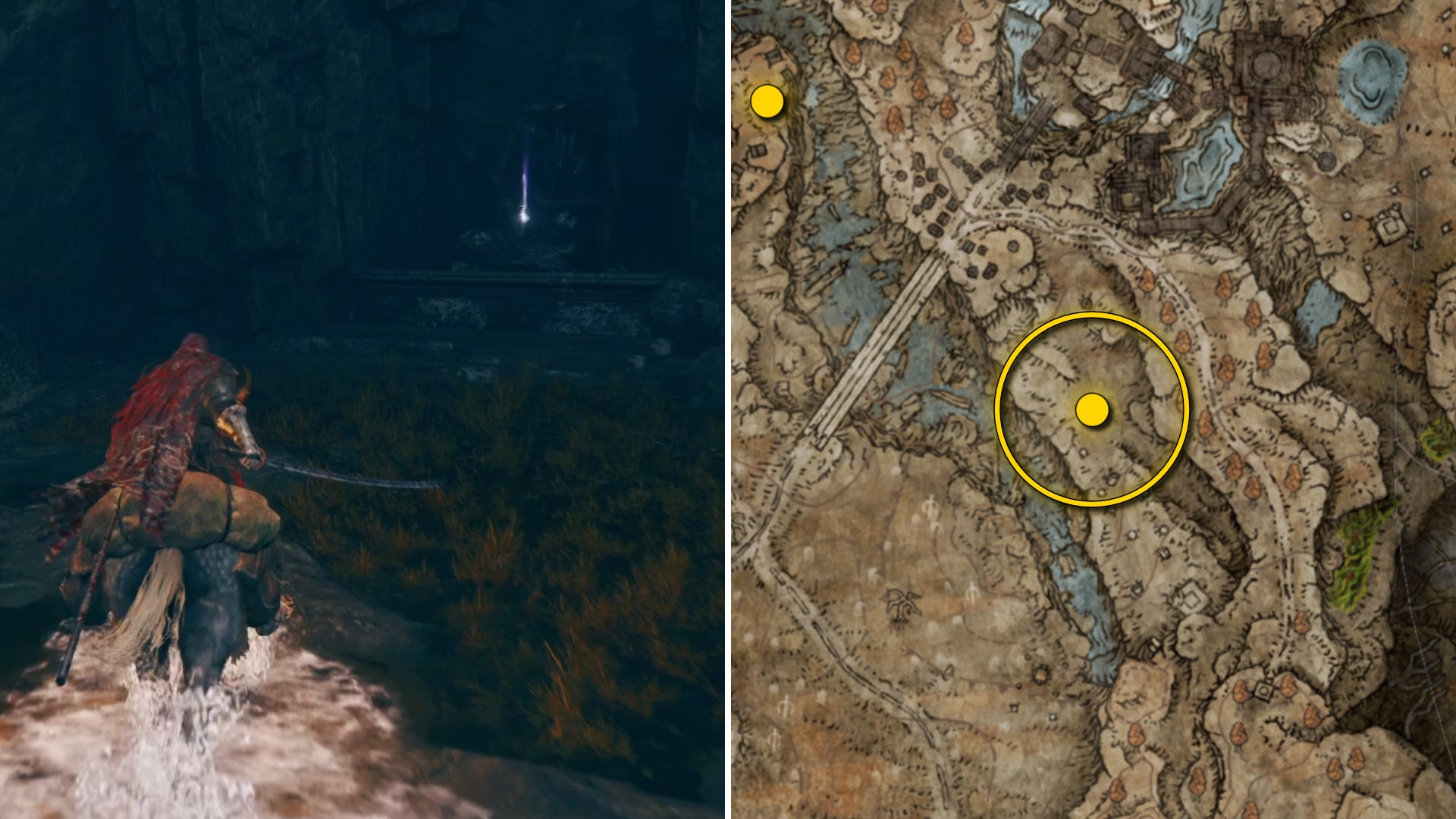 Two Elden Ring: Shadow Of The Erdtree screenshots side by side. Left: the location of a Revered Spirit Ash collectible. Right: the location of that same Revered Spirit Ash on the map. - 7