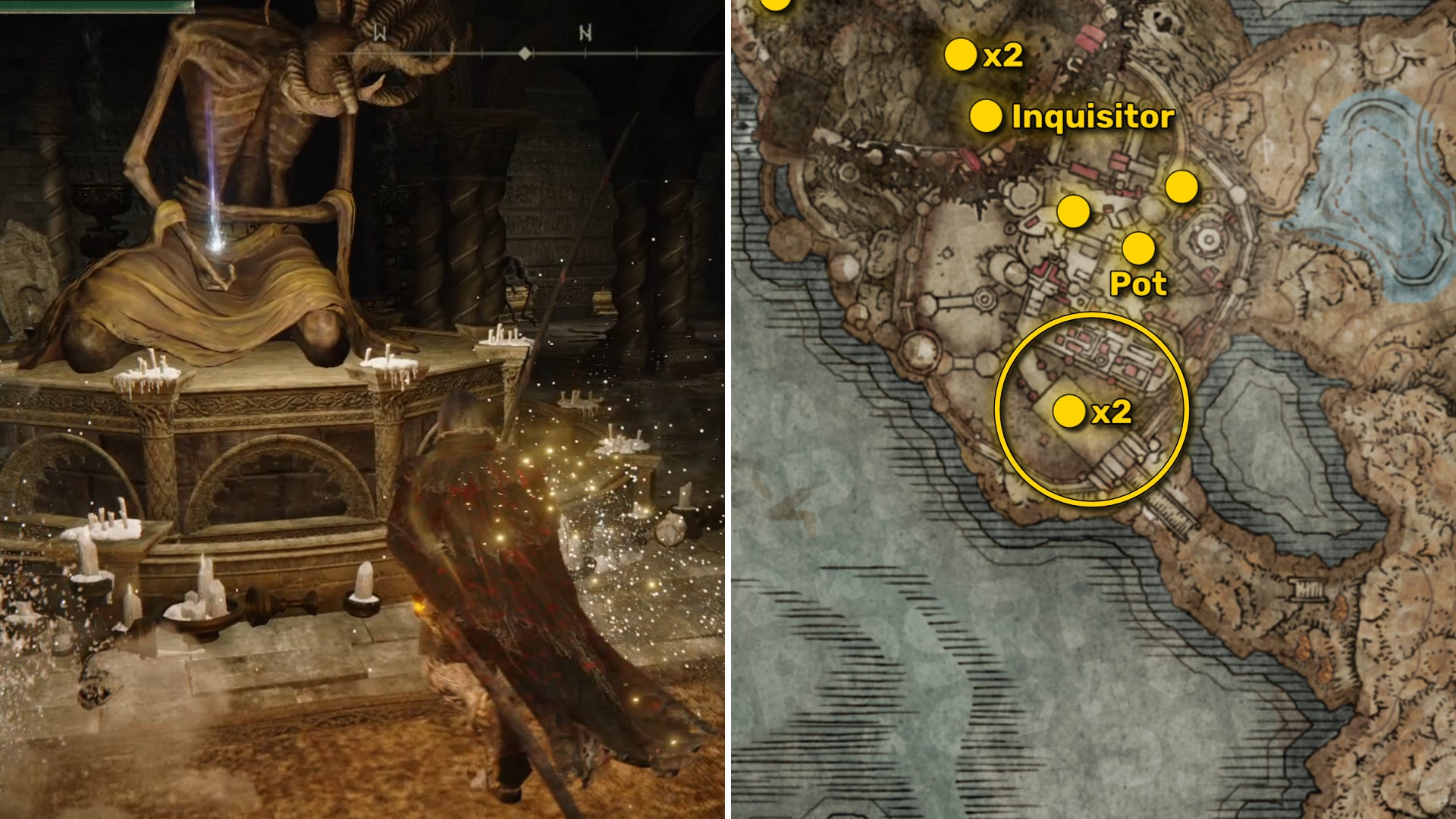 Two Elden Ring: Shadow Of The Erdtree screenshots side by side. Left: the location of a Revered Spirit Ash collectible. Right: the location of that same Revered Spirit Ash on the map. - 8